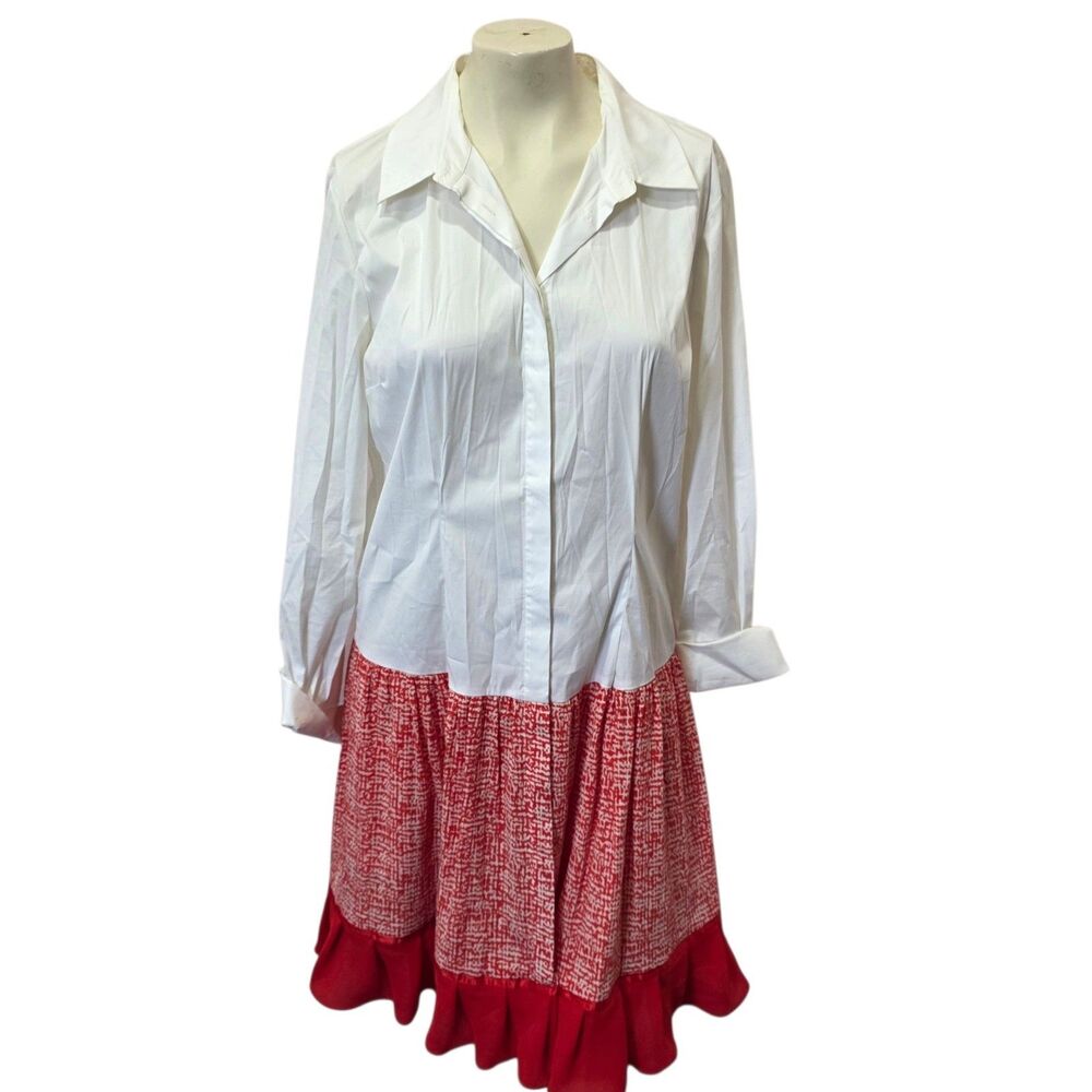 DVF Diane von Furstenberg Allison Shirt Dress Red White Ruffle Hem Sz 14